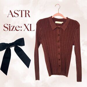 ASTR the Label Ribbed Knit Collared Button-Up Top | Size XL